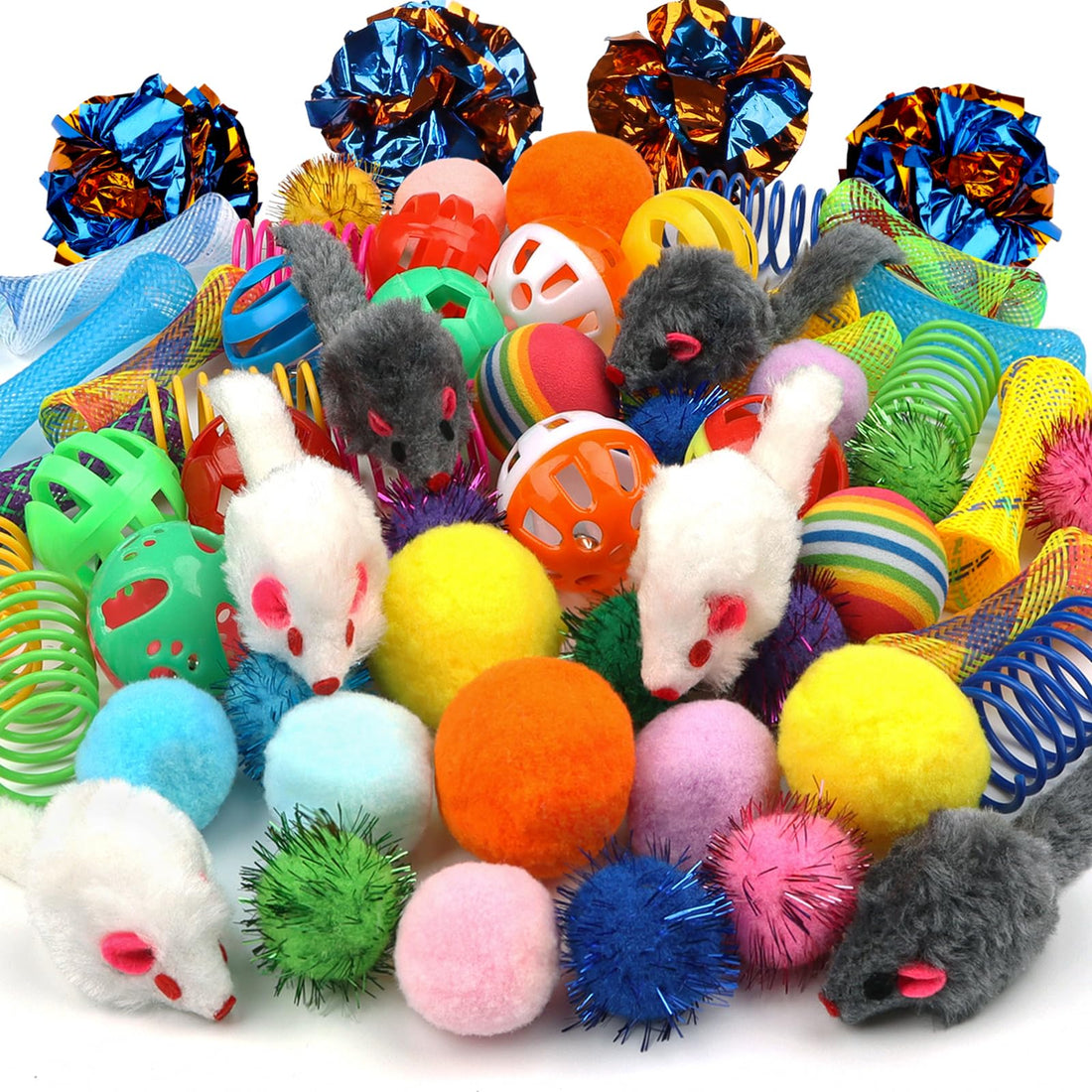 QUOZUO Kitten Toys, 60PCS Cat Balls Springs Toy Set, Cat Mouse Toy