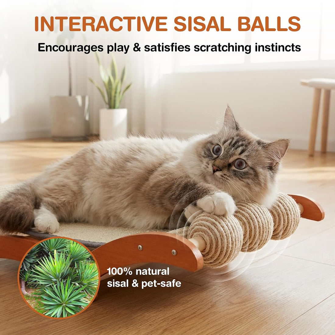 Extra Large Cat Scratcher Bed with 3 Sisal Balls, Wood Lounge