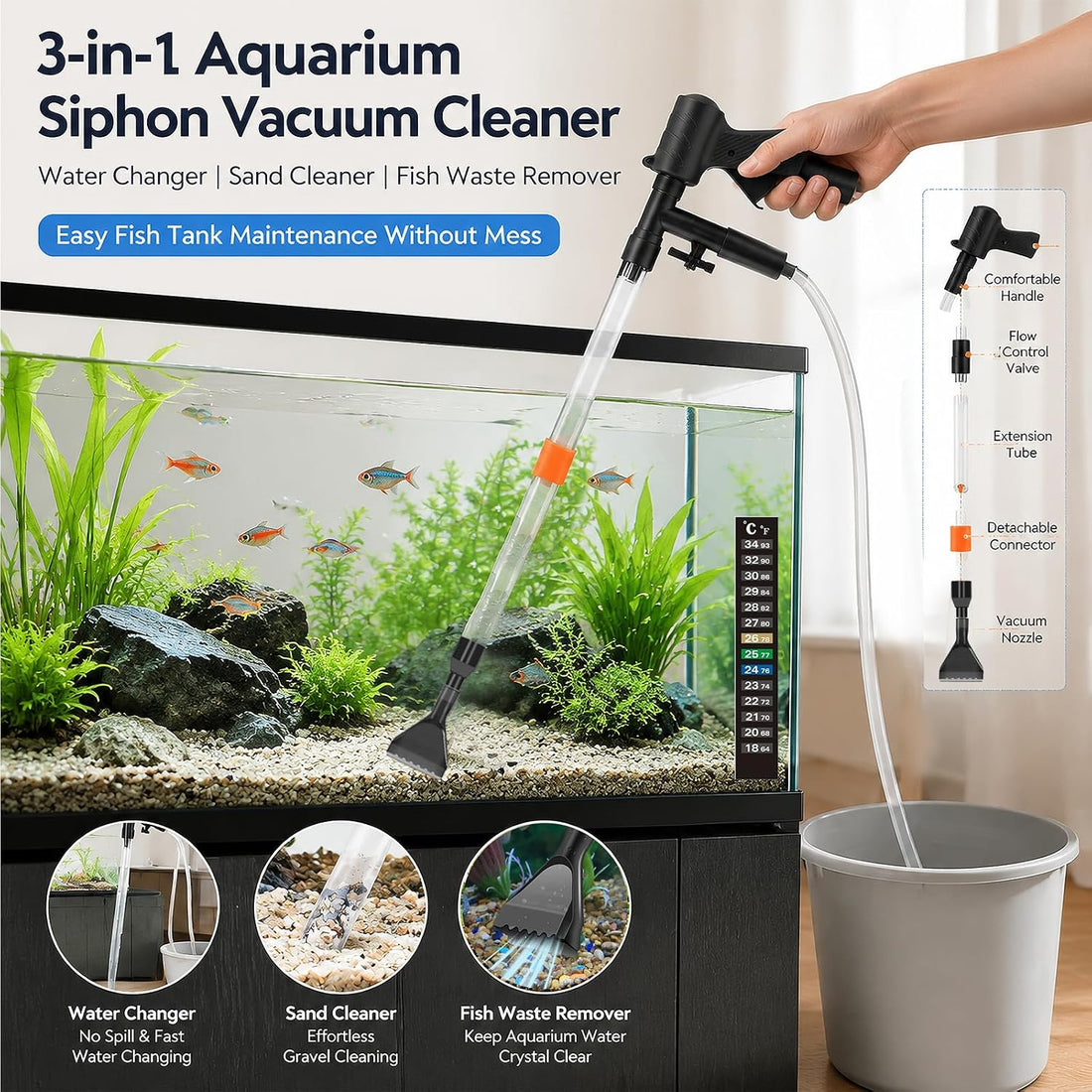 Aquarium Gravel Cleaner Kit, Semi-Automatic Siphon for Fish Tanks