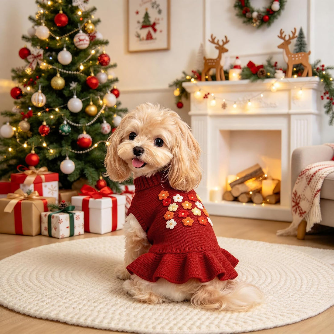 WOYYHO Small Dog Sweater Dress with Crochet Flower