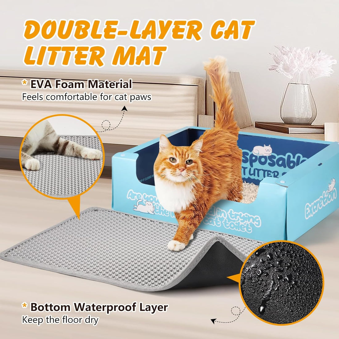 ondware Cat Litter Mat 24 x 15 in, Double Layer, Waterproof, Gray