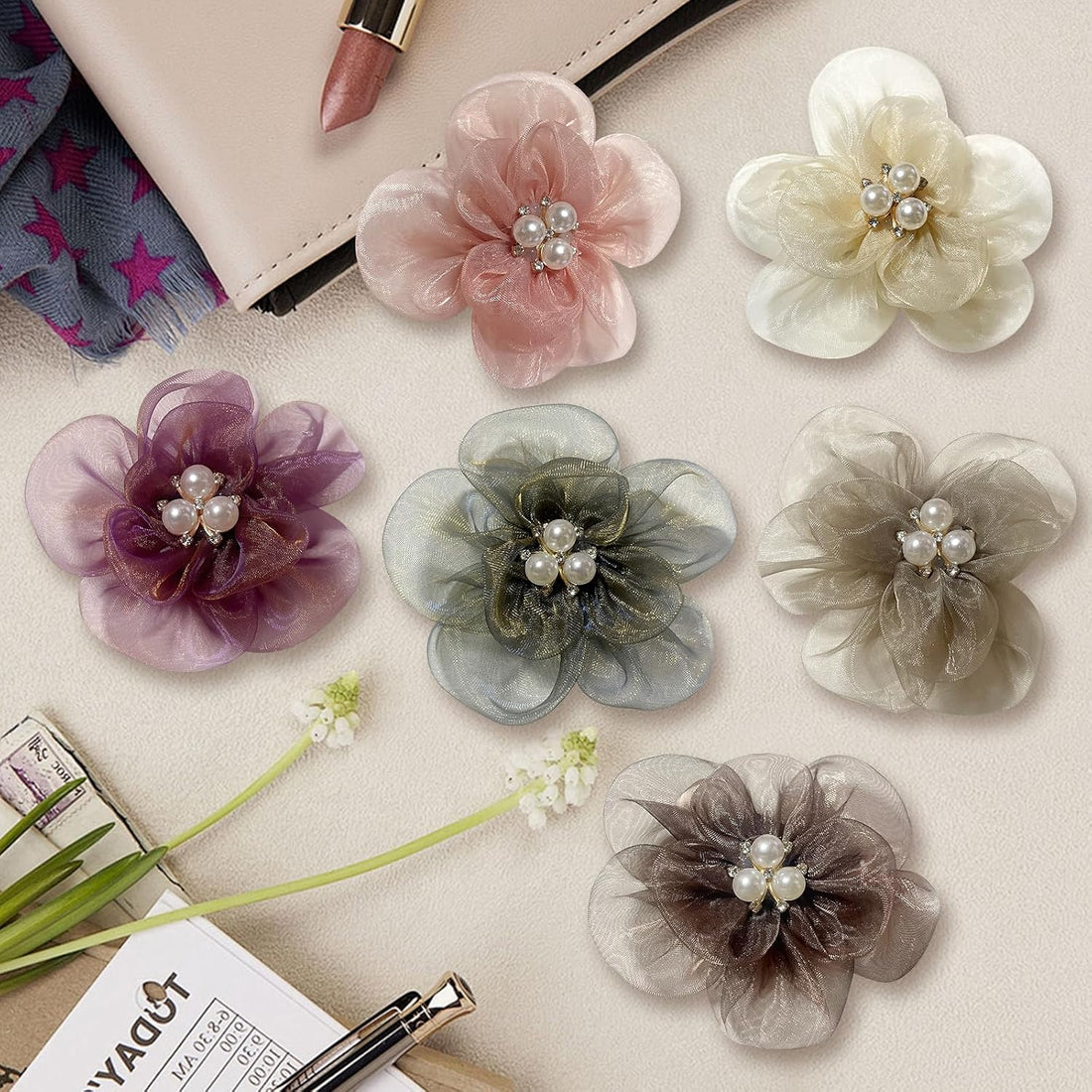 6 Pcs Dog Collar Accessories Slide-On Pearl Flower Charms
