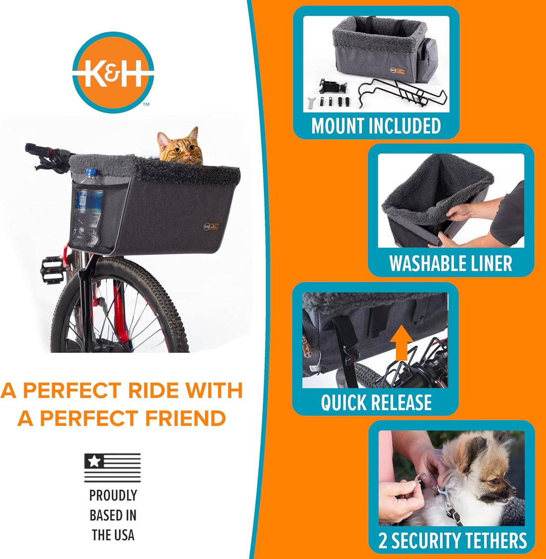 K&H Dog Bike Basket, Travel Bicycle Basket for Pets, Front Mount