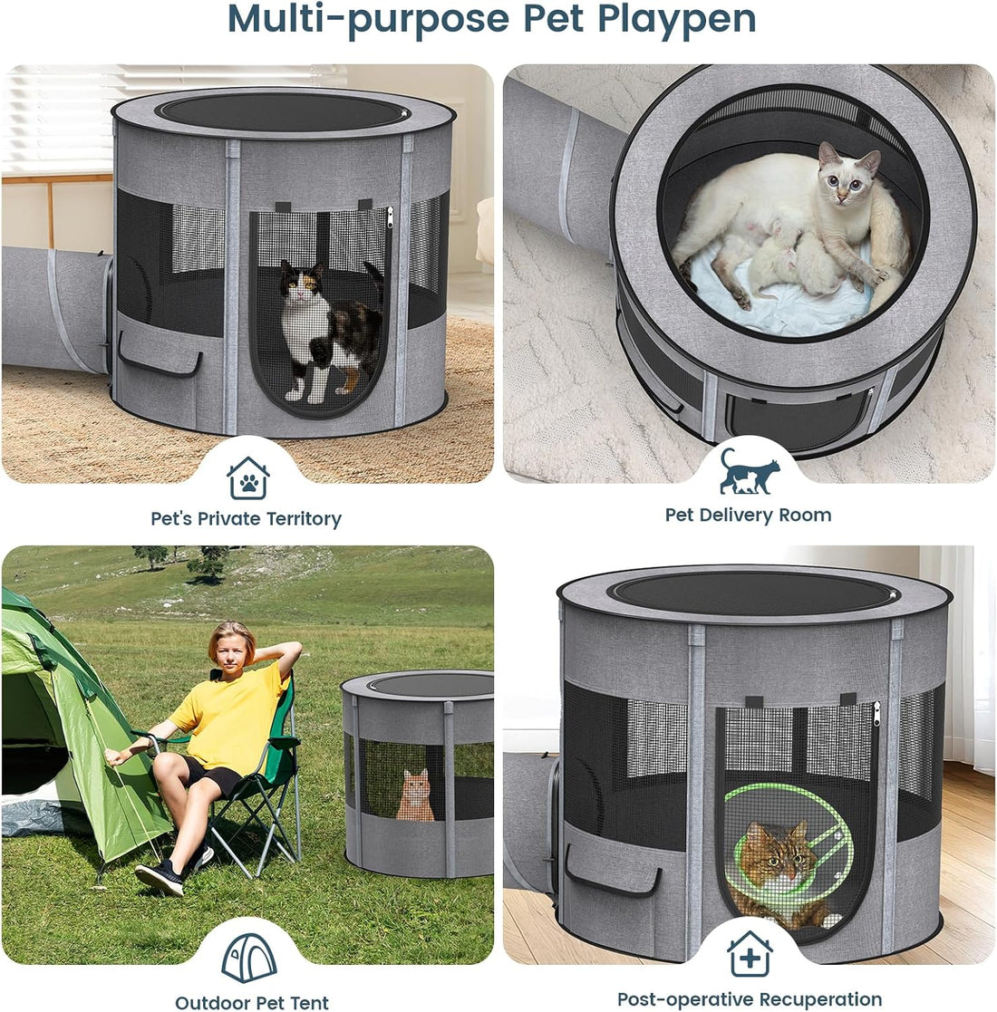 Portable Cat Playpen with Tunnel, 3 in 1 Foldable Puppy Play Pen