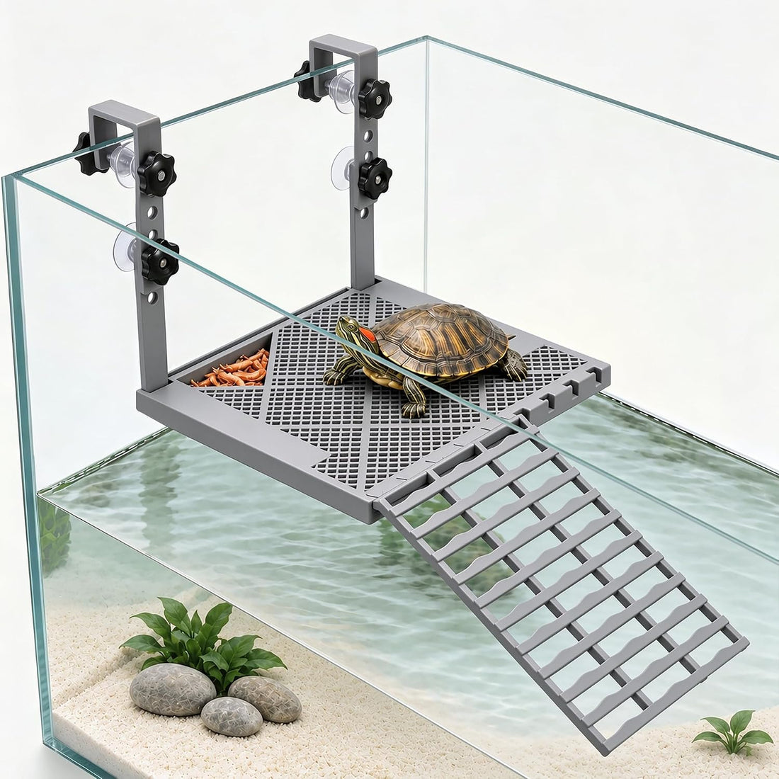 Upgraded Hanging Turtle Basking Platform with Ramp & Built-in Feeding