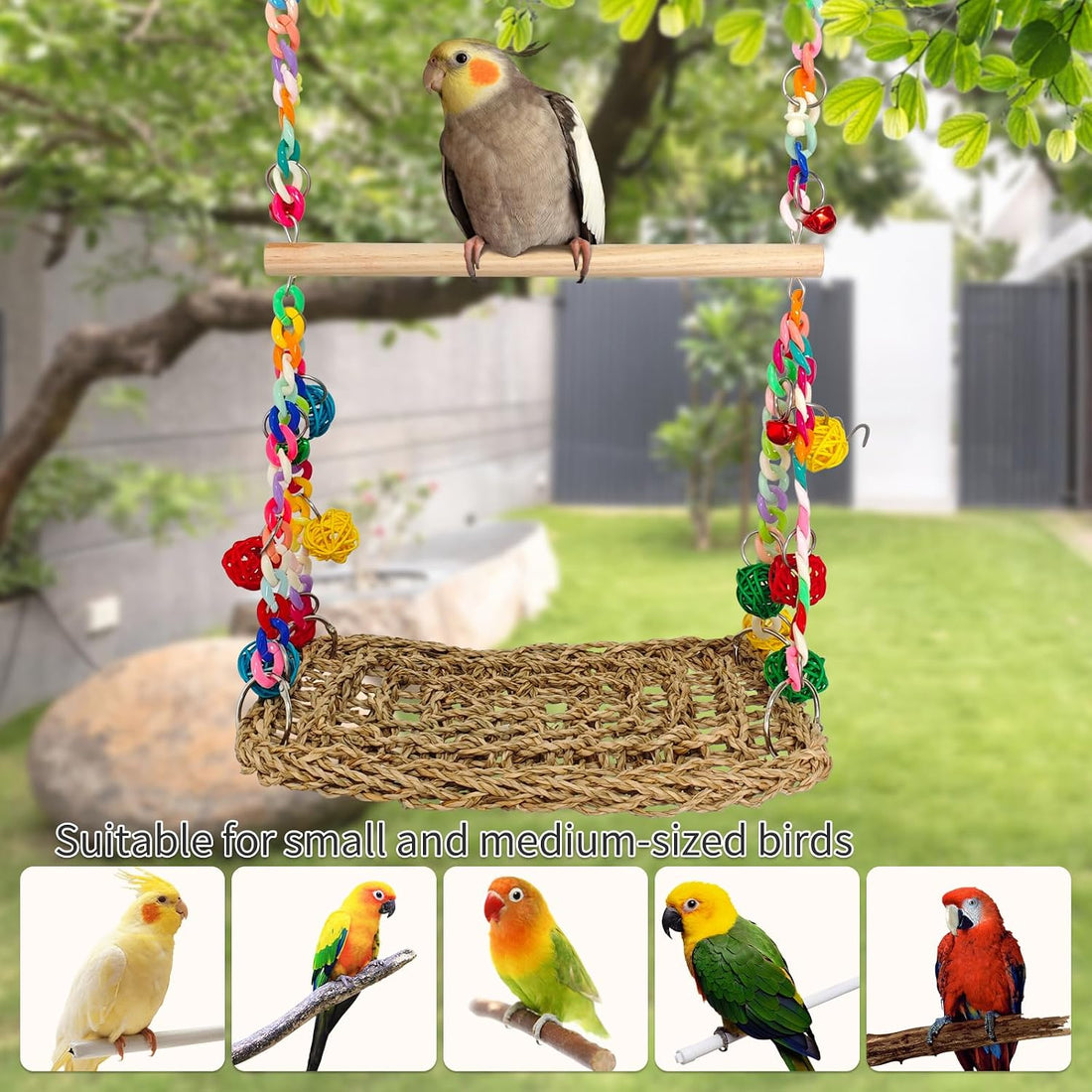 Natural Bird Swing Toys with Wood Perch,Double Layer Bird Seagrass