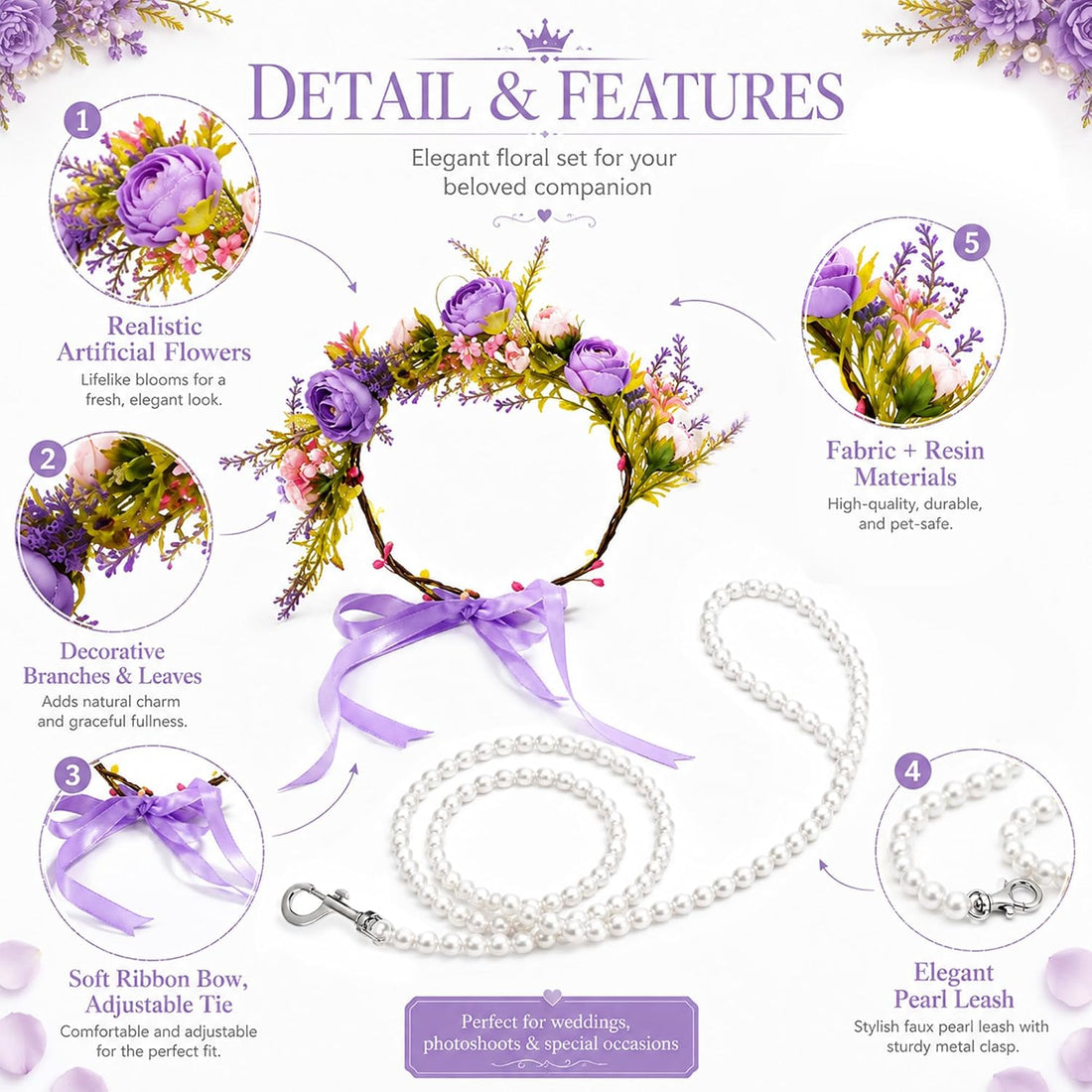 Dog Wedding Flower Collar with Pearl Leash,2 PCS Purple Rose