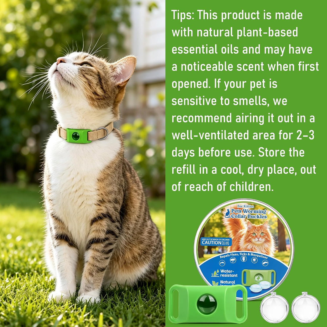 Natural Cat Tag for Flea & Tick Prevention, 1Pcs with 3Refill,Green
