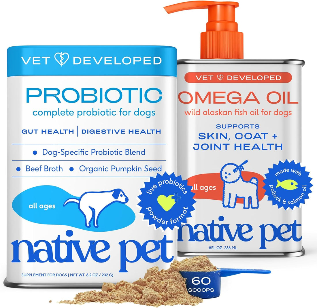 Native Pet Omega 3 Fish Oil for Dogs 8Oz & Probiotics for Dogs 8.2Oz
