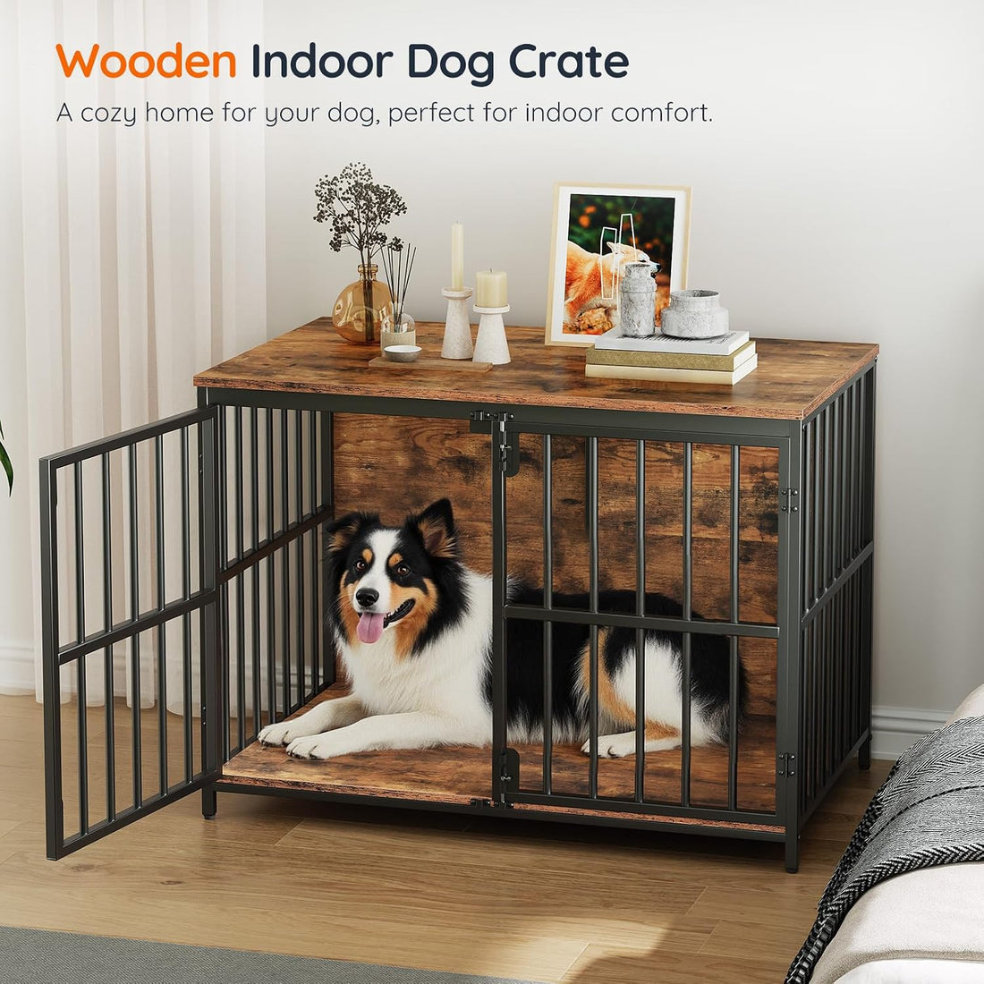 HOOBRO 38.6" Dog Crate Furniture, Wooden Dog Kennel Indoor