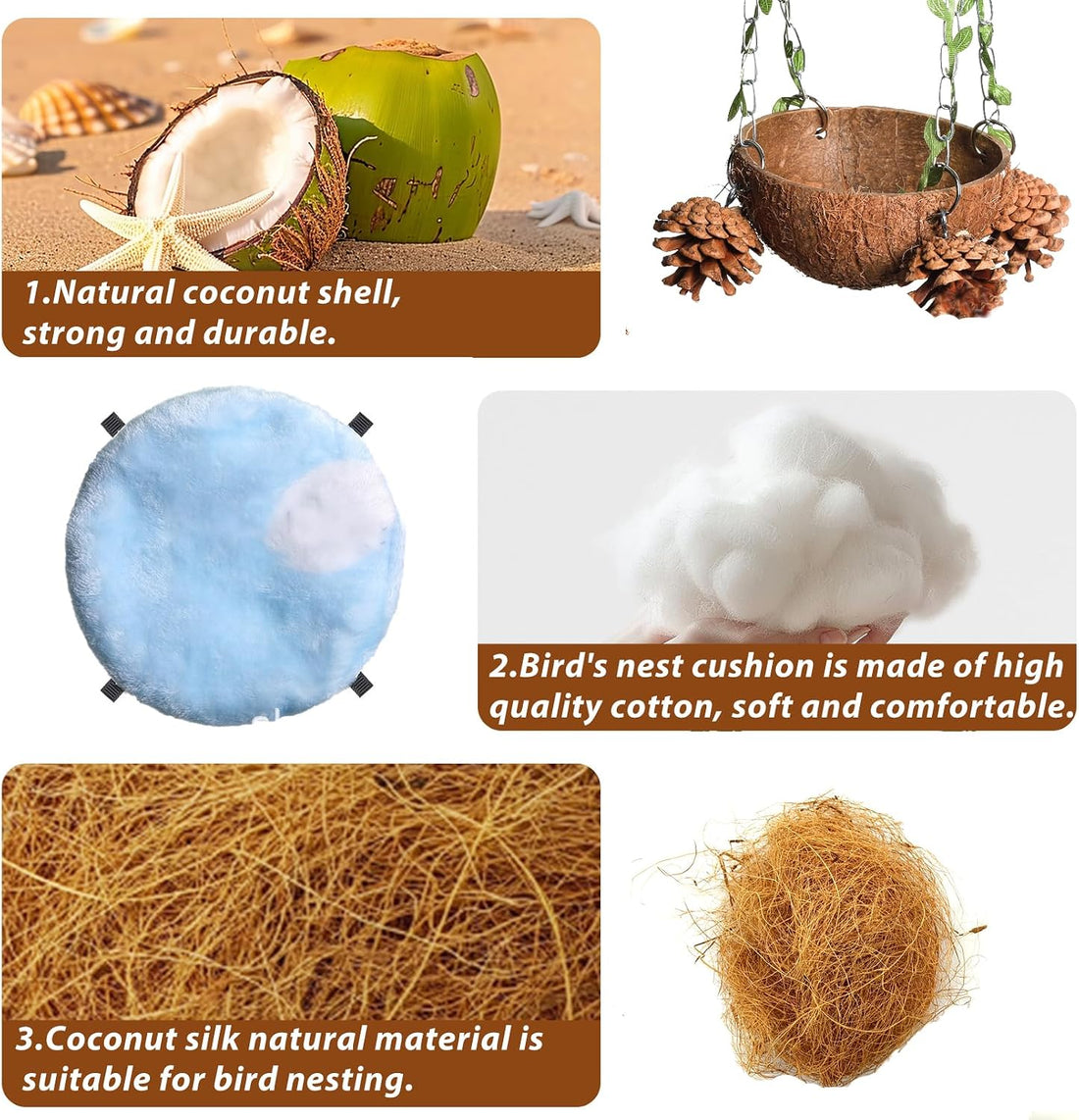 PINVNBY Natural Coconut Shell Bird Nest Suspended Parakeet Nest Bird