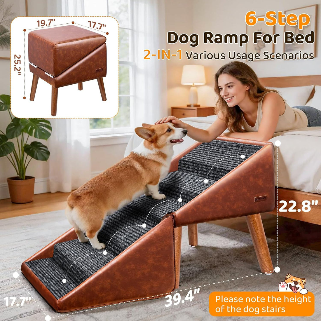 Dog Stairs & Ramp for High Bed & Couch,22.8" 6-Step Foldable Split
