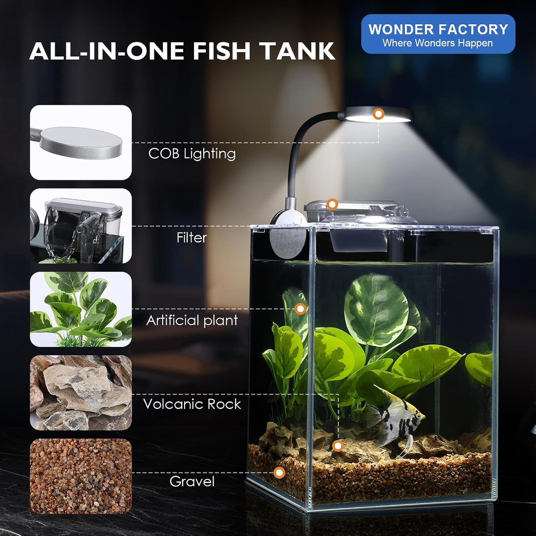1.25 Gallon Fish Tank Small Glass Aquarium Kit Starter Set Dark