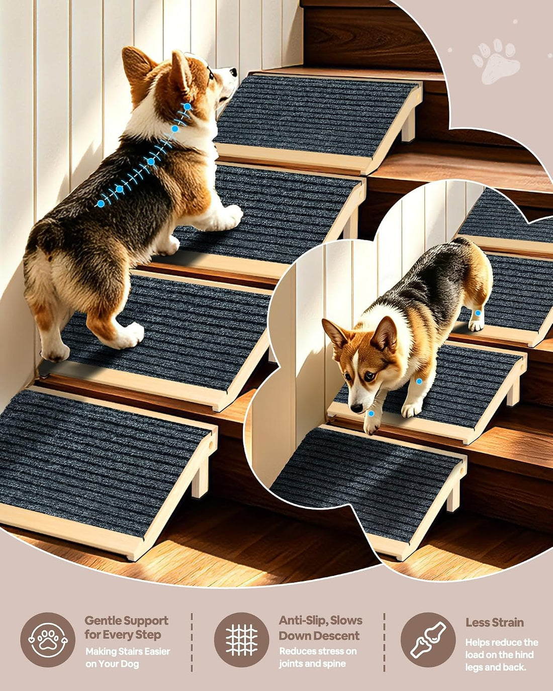 2-Pack Dog Ramp for Stairs,Foldable Dog Ramp Solid Wood Anti-Slip Pet