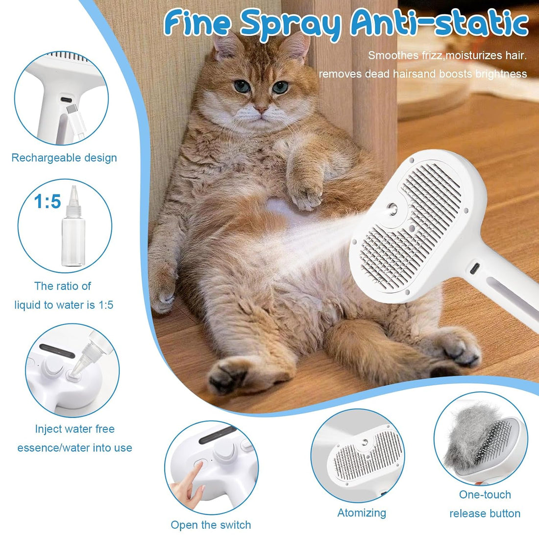 Pet Steam Brush for Cats & Dogs, Cool Mist Self-Cleaning Comb