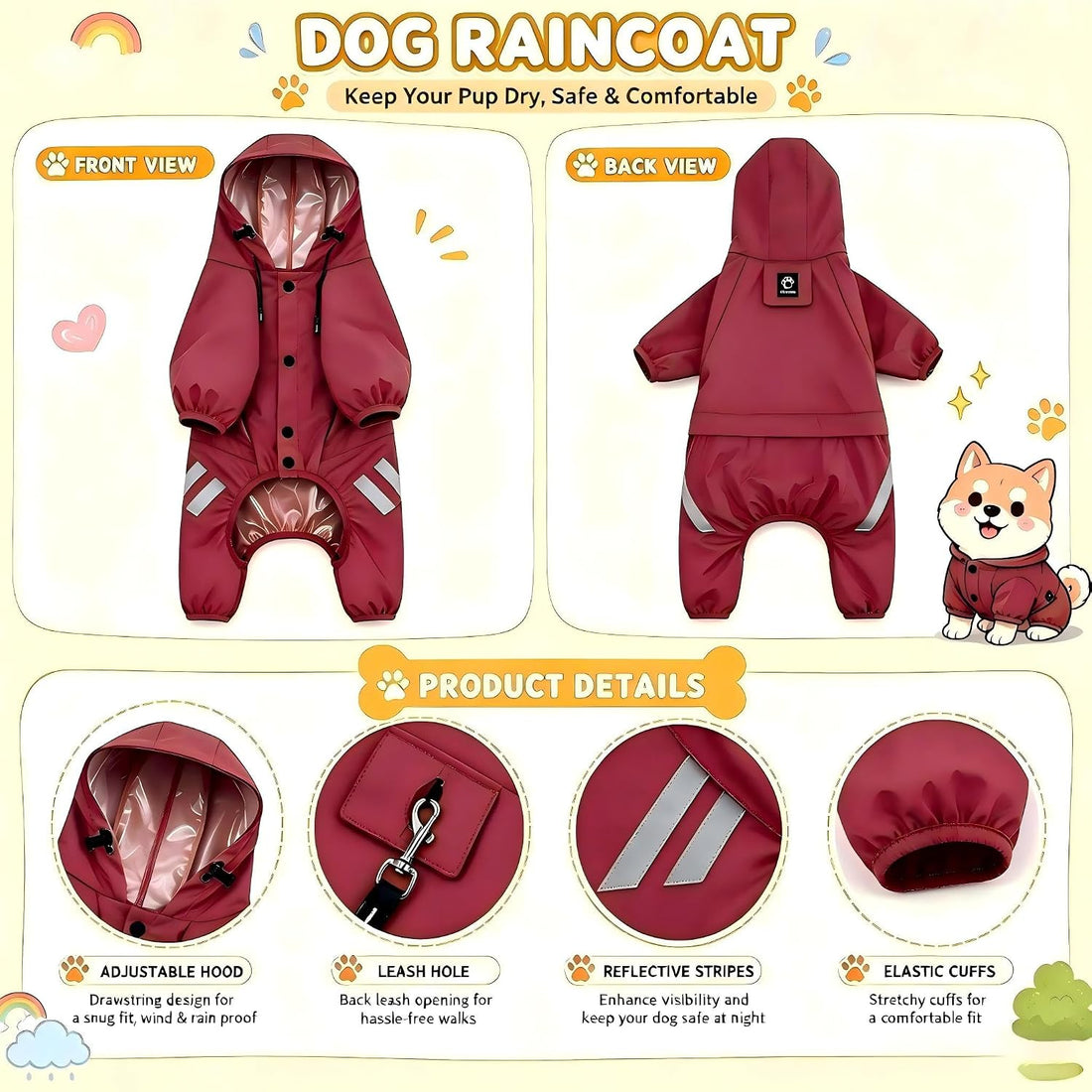 Dog Raincoat, Waterproof Small Medium Dogs Rain Jacket with Hood