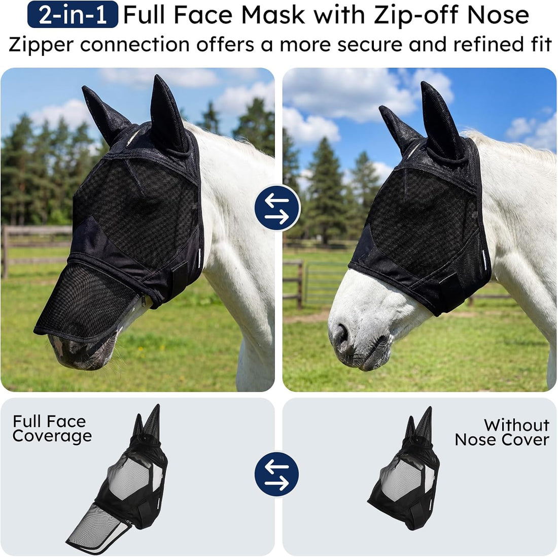 Horse Fly Mask with Ears & Detachab Nose Cover, Medium