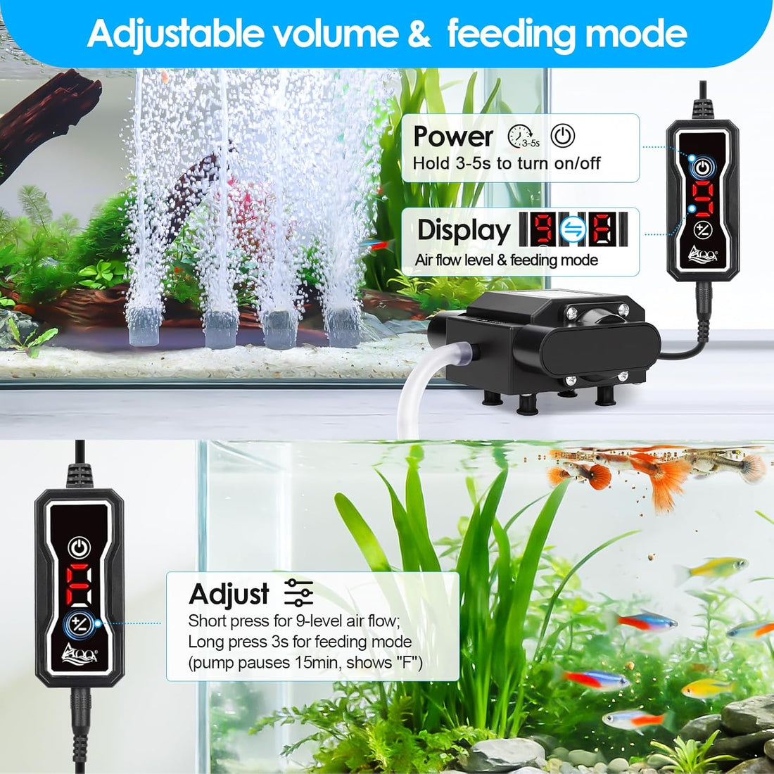 AQQA 10W Aquarium Air Pump with Controller, 10W/237GPH