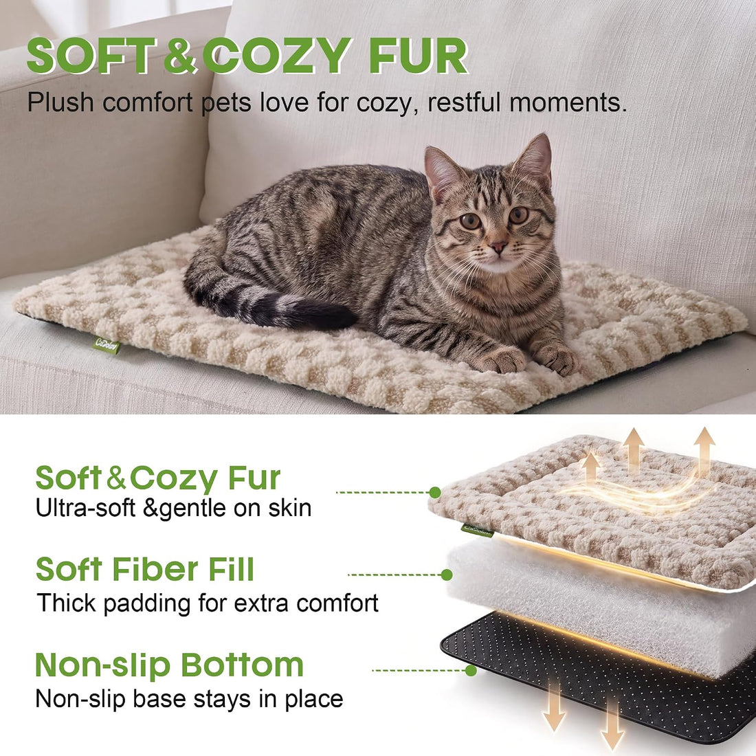 Pet Bed Mat Crate Pad for Cats Small Dogs, Khaki 24''x18''