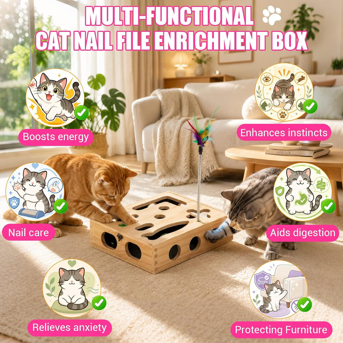 Large Cat Nail File Box, Sturdy Wood Cat Scratch Puzzle Enrichment Box