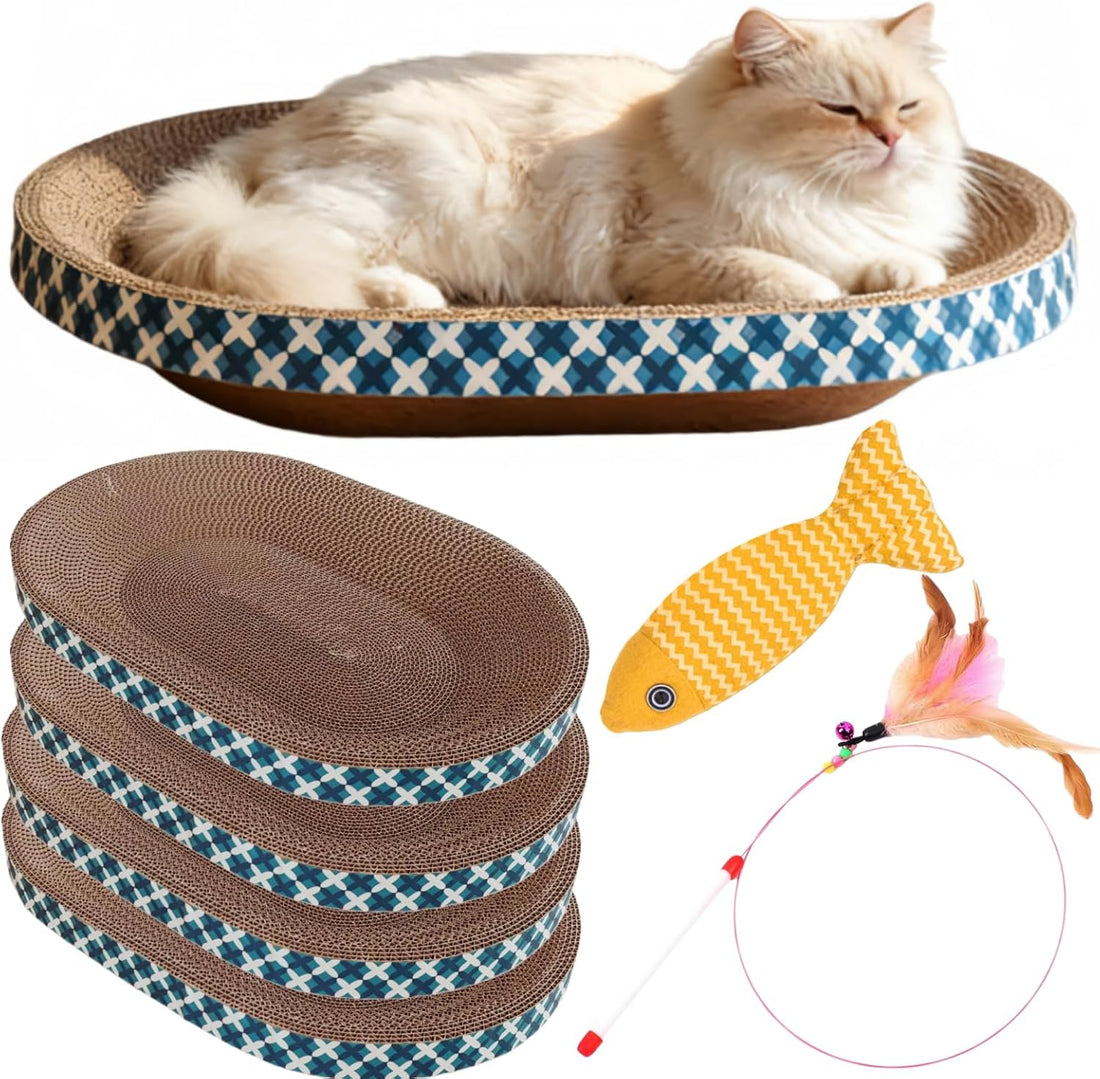 Cat Scratcher Bed with Toys, 2 Pack Oval Cat Scratcher Cardboard