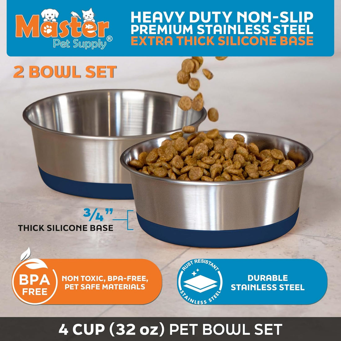 Master Pet Supply Stainless Steel Dog Bowls - 4 Cup (32 oz)