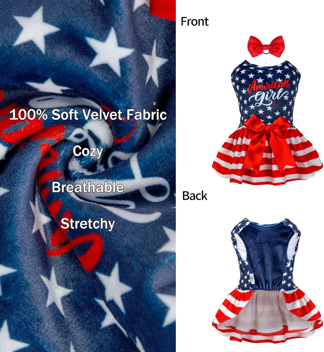 CuteBone Dog Dresses Velvet 4th of July Small Dogs Clothes Onesie Pet
