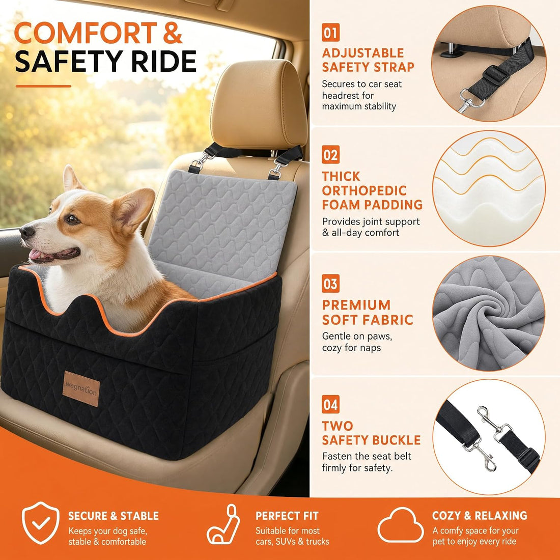 wagnation Dog Car Seat for Small/Medium Dogs Under 35lbs
