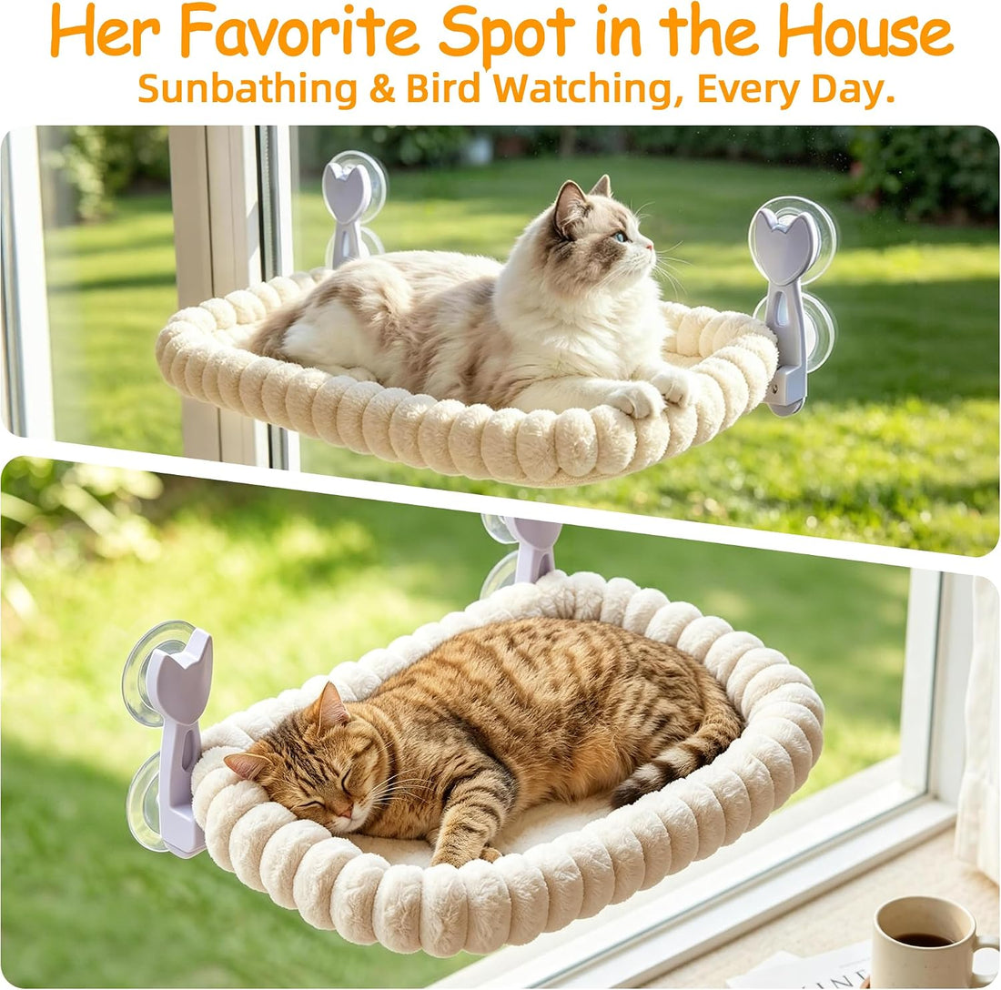 Cat Window Hammock - Beige Cordless Foldable Perch for All Cats