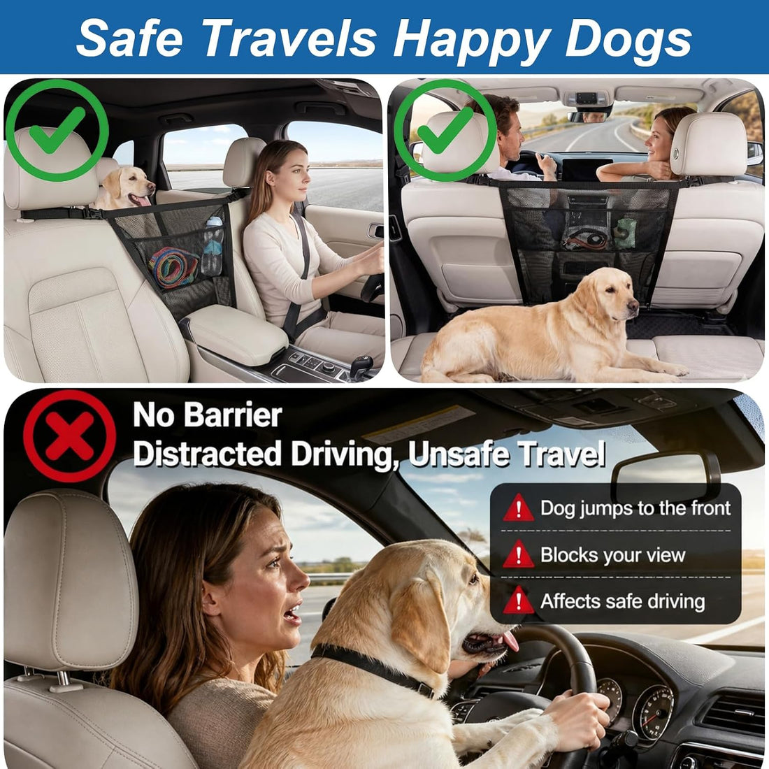 Dog Car Barrier for Backseat Safety with Mesh Storage Pocket