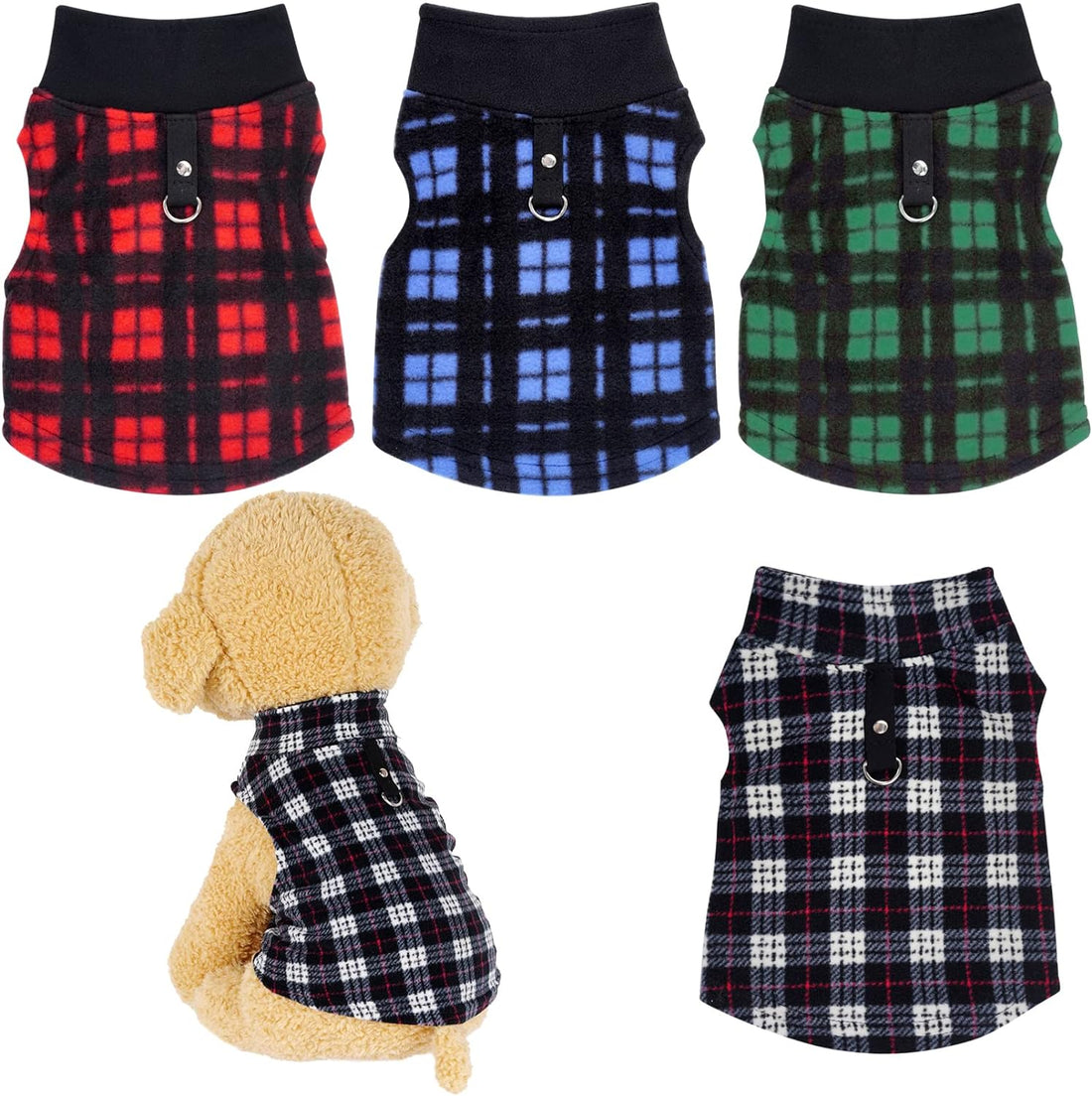 Rbenxia 4 Pieces Buffalo Plaid Dog Sweaters with Leash Ring Soft