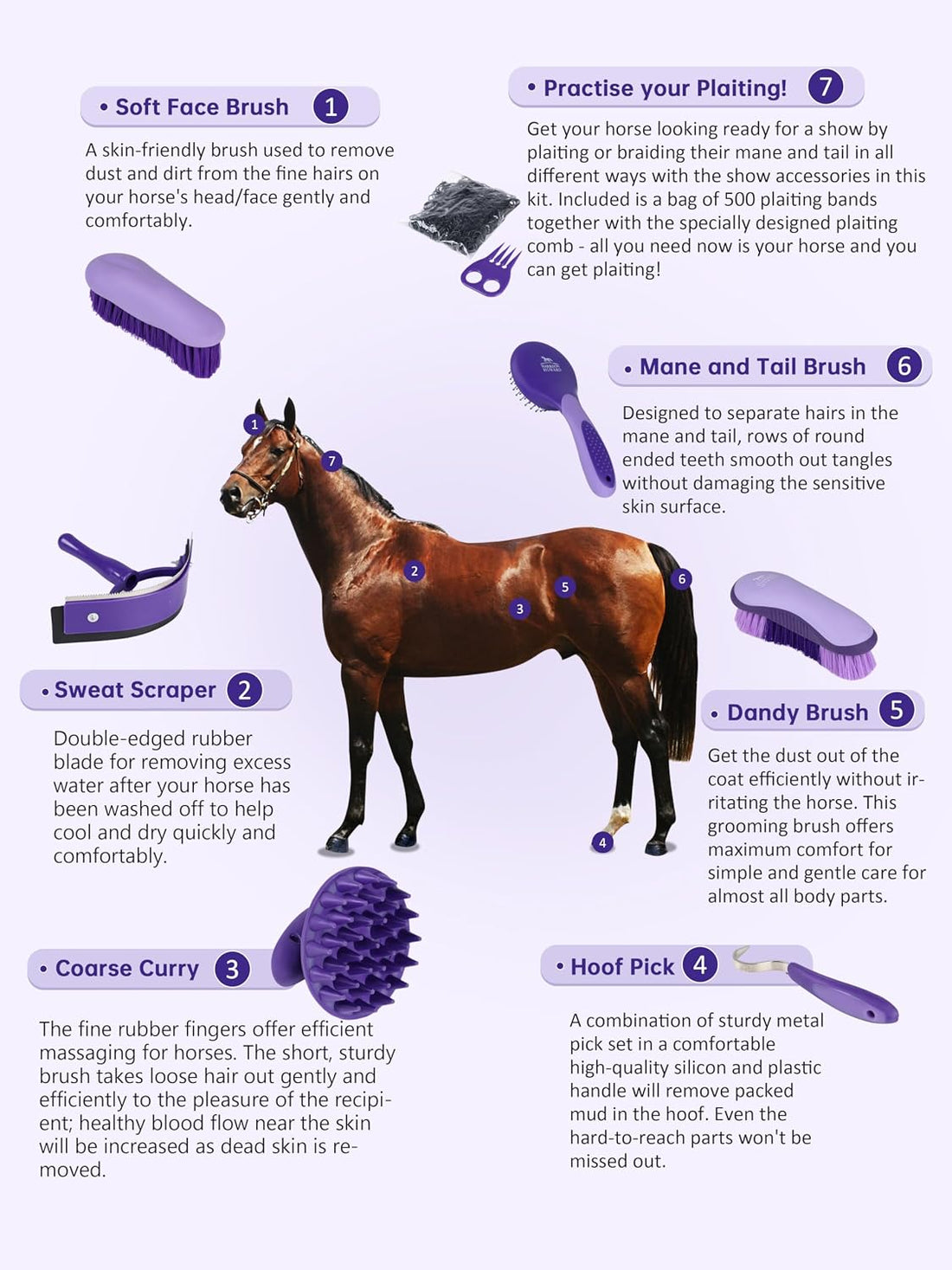 Harrison Howard Horse Grooming Brushes Kit 7 pieces with Organizer