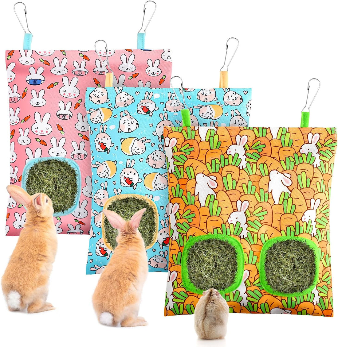 UPINS 3Pack Guinea Pig Hay Feeder Bag,Bunny Rabbit Cage Bag Hanging