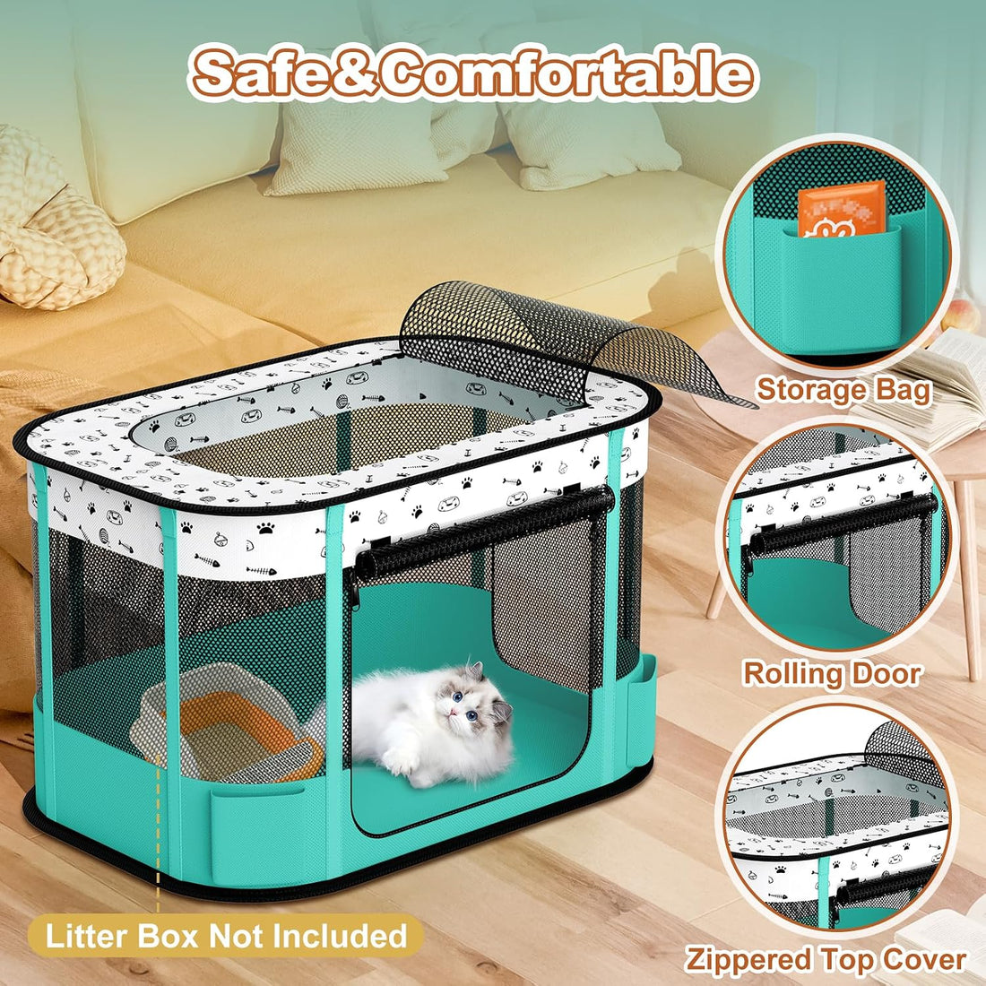 DESELL Portable Cat Playpen, 8-Rod Reinforced Kitten Dog Playpens