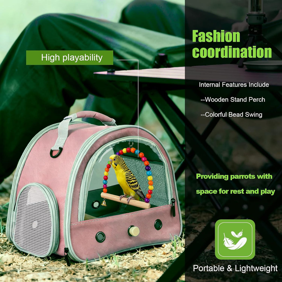 Portable Parrot Travel Cage Carrier with Small Swing Toy&Cage