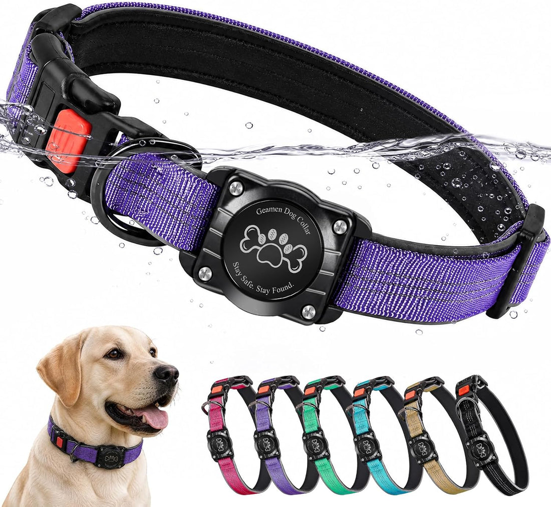 Dog Collar with AirTag Holder IP68 Waterproof Reflective Collar Blue M