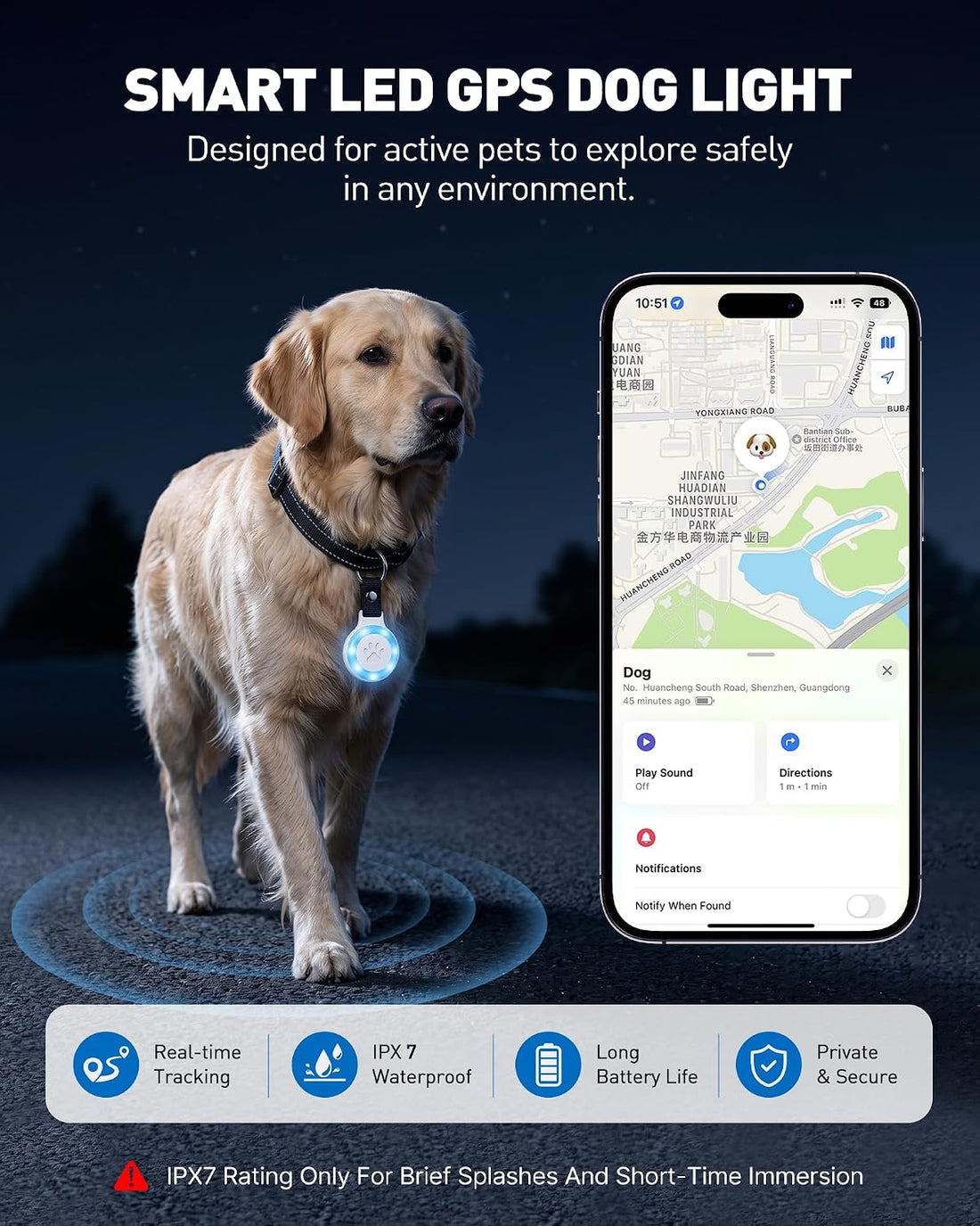 Pet Tracker for Dogs Cats, Location & LED Night Light Tag