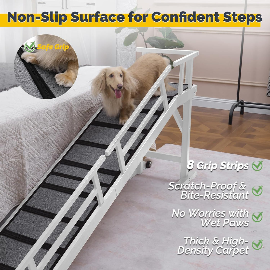 Dog Ramp for Bed or Couch, Wooden Pet Ramp with 20° Gentle Slope