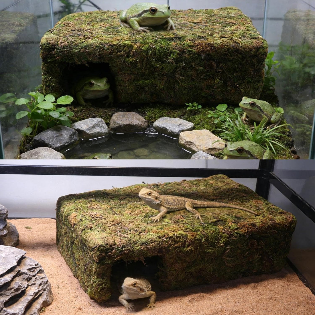 Yellow Mossy Cave Hide for Reptiles, Lizard Gecko Snake Shelter Hut