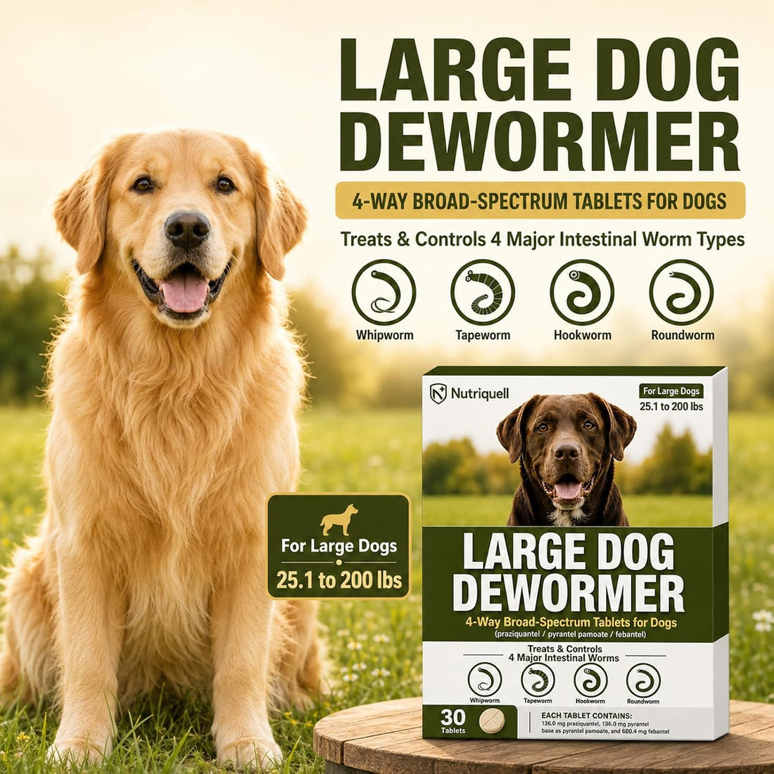Dewormer for Dogs, Medium and Large Dog Dewormer, 4-Way Tablets