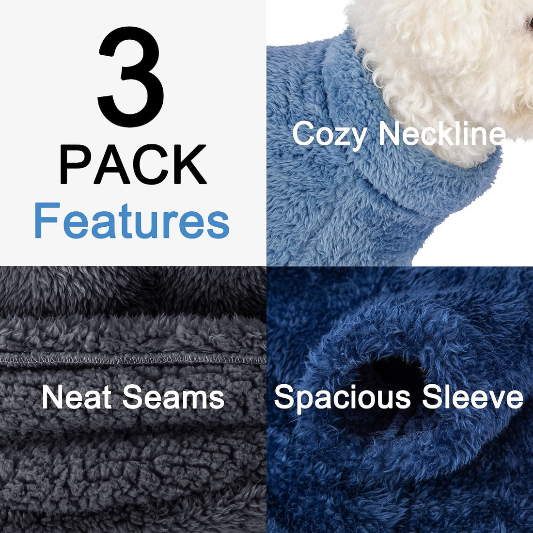Dog Sweater, 3 Pack Warm Plush Fleece Dog Sweaters for Small Dogs