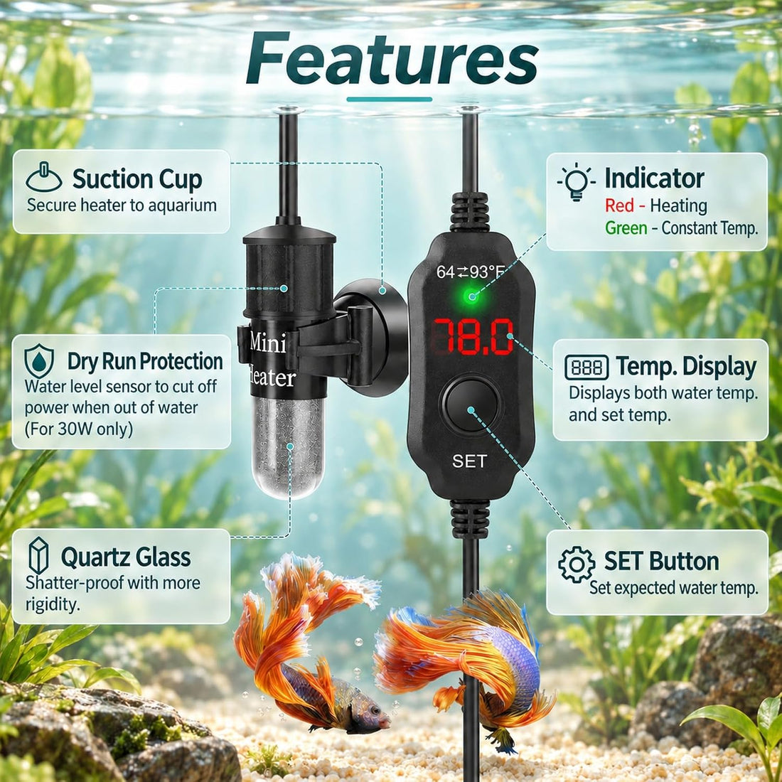 Thumb-Sized 10W Super Mini Aquarium Betta Heater for 1-2 Gallon Small