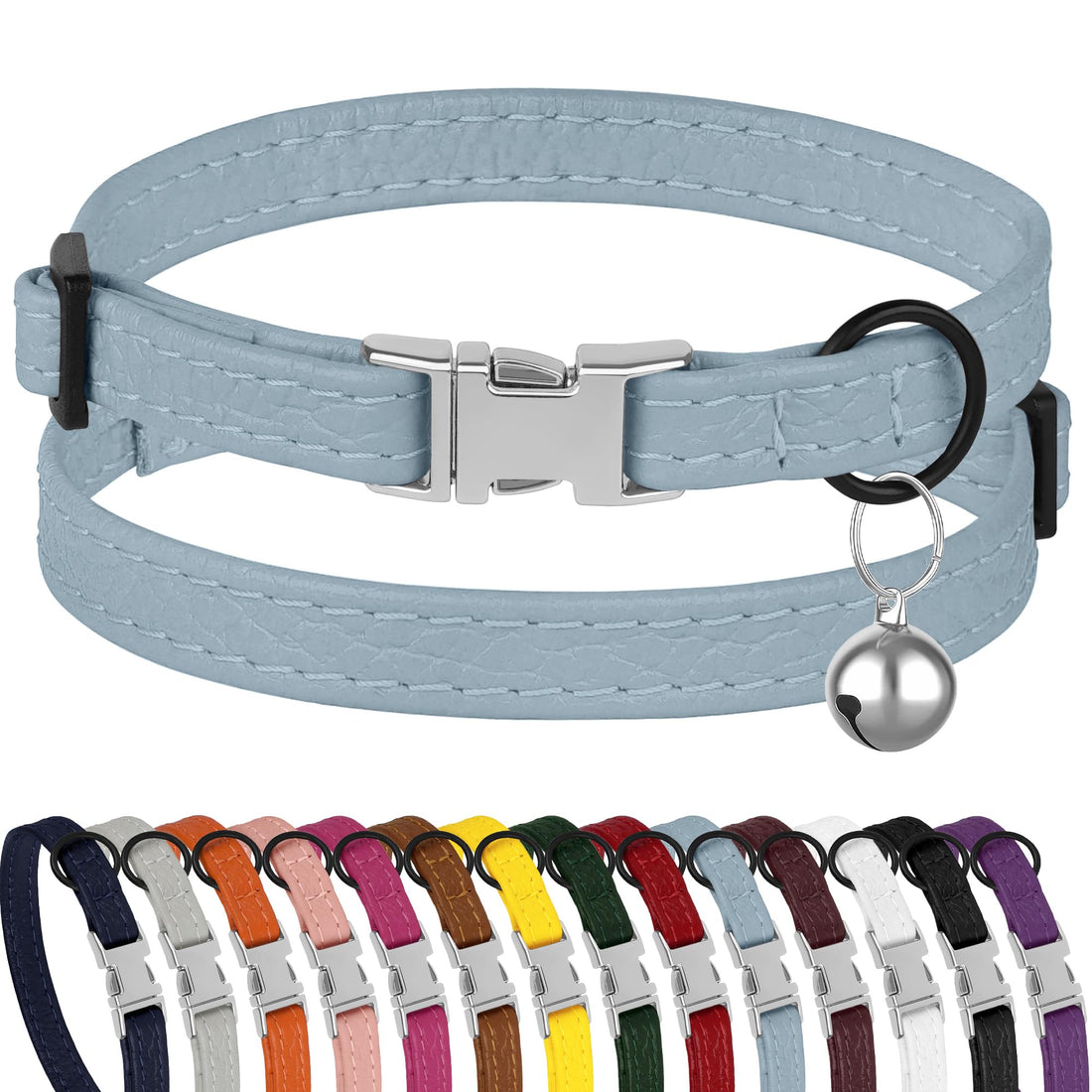 Leather Cat Collar with Buckle and Removable Bell