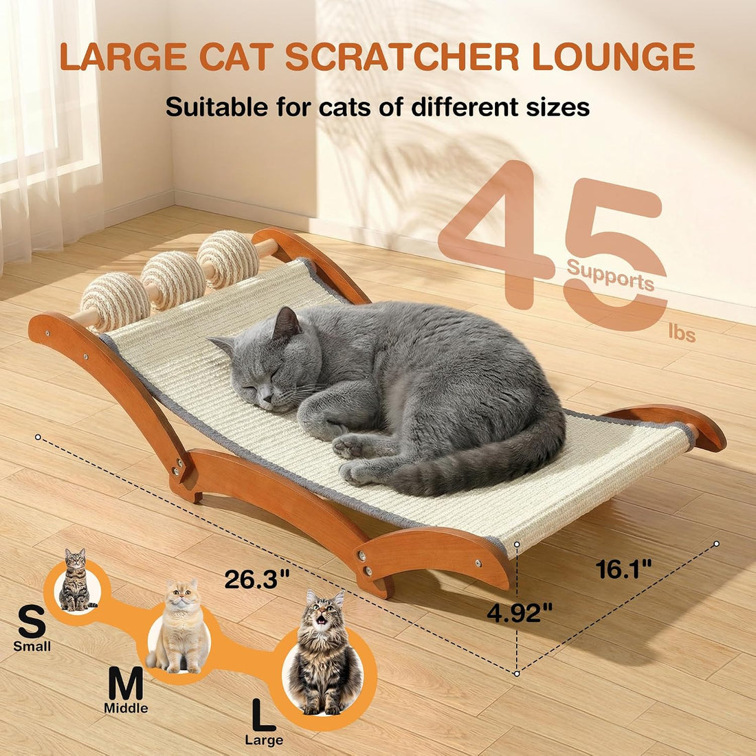 Extra Large Cat Scratcher Bed with 3 Sisal Balls, Wood Lounge