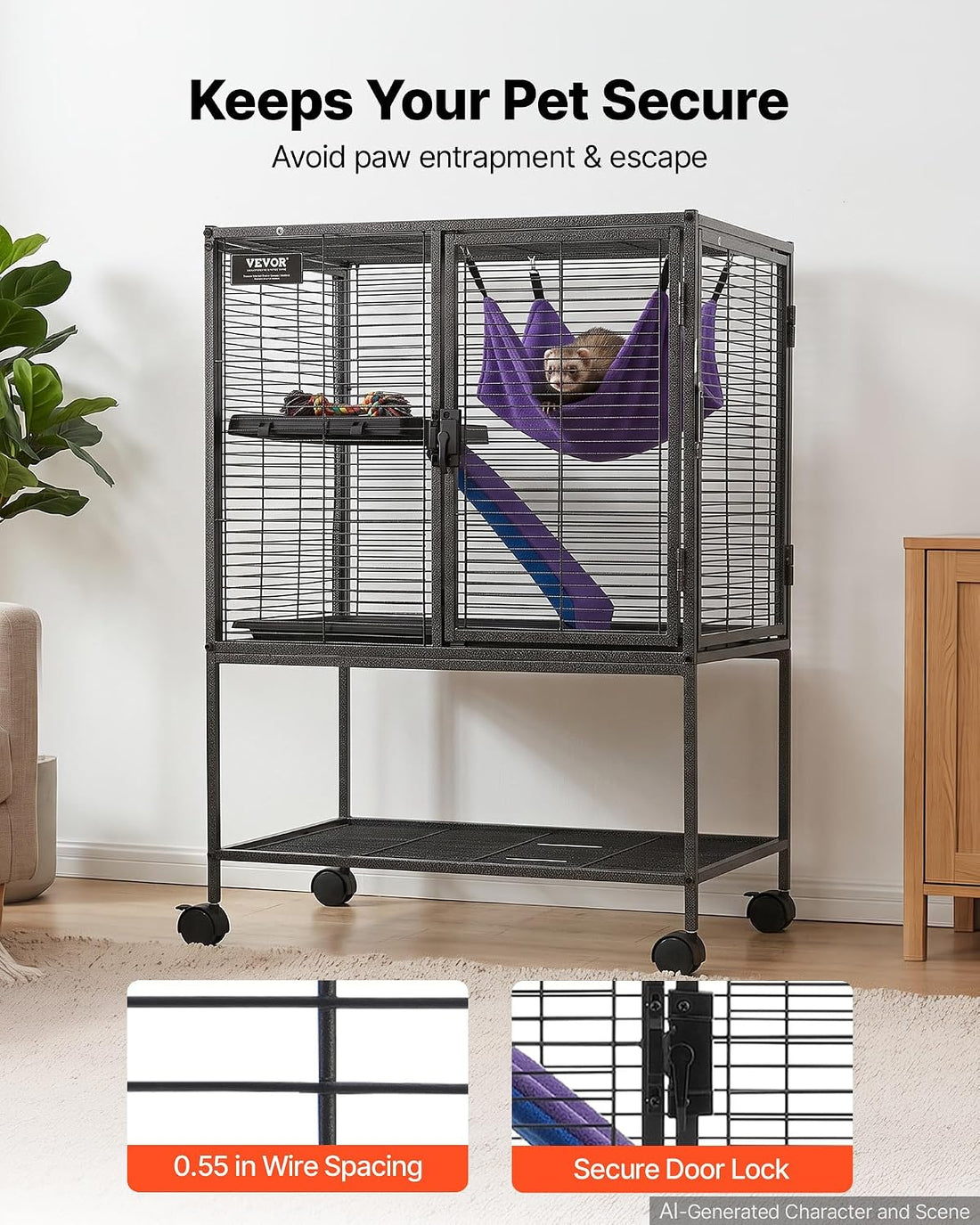 VEVOR Metal Small Animal Cage 34.06"H 2-Tier Rolling Ferret Cage On