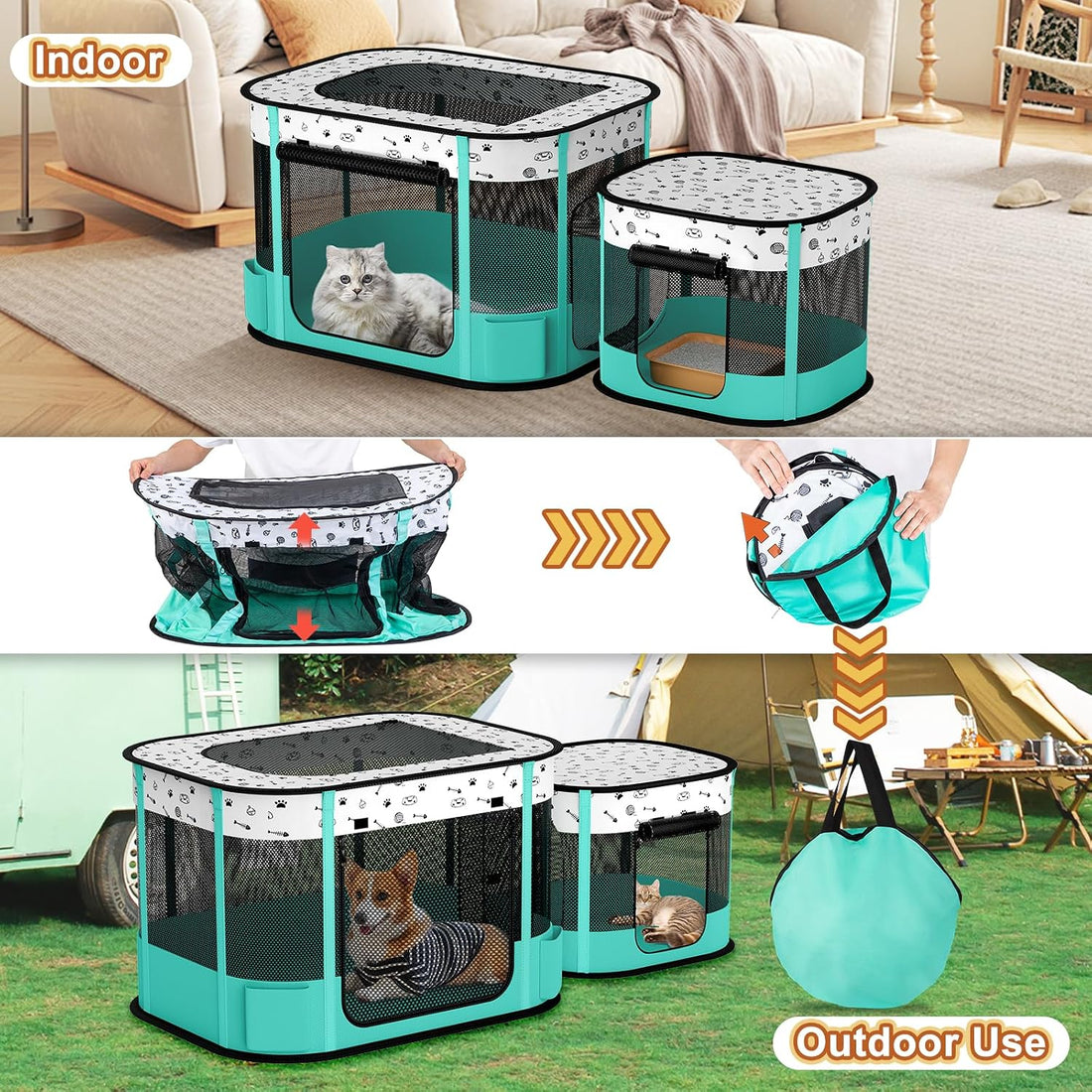 DESELL Portable Cat Playpen, 8-Rod Reinforced Kitten Dog Playpens