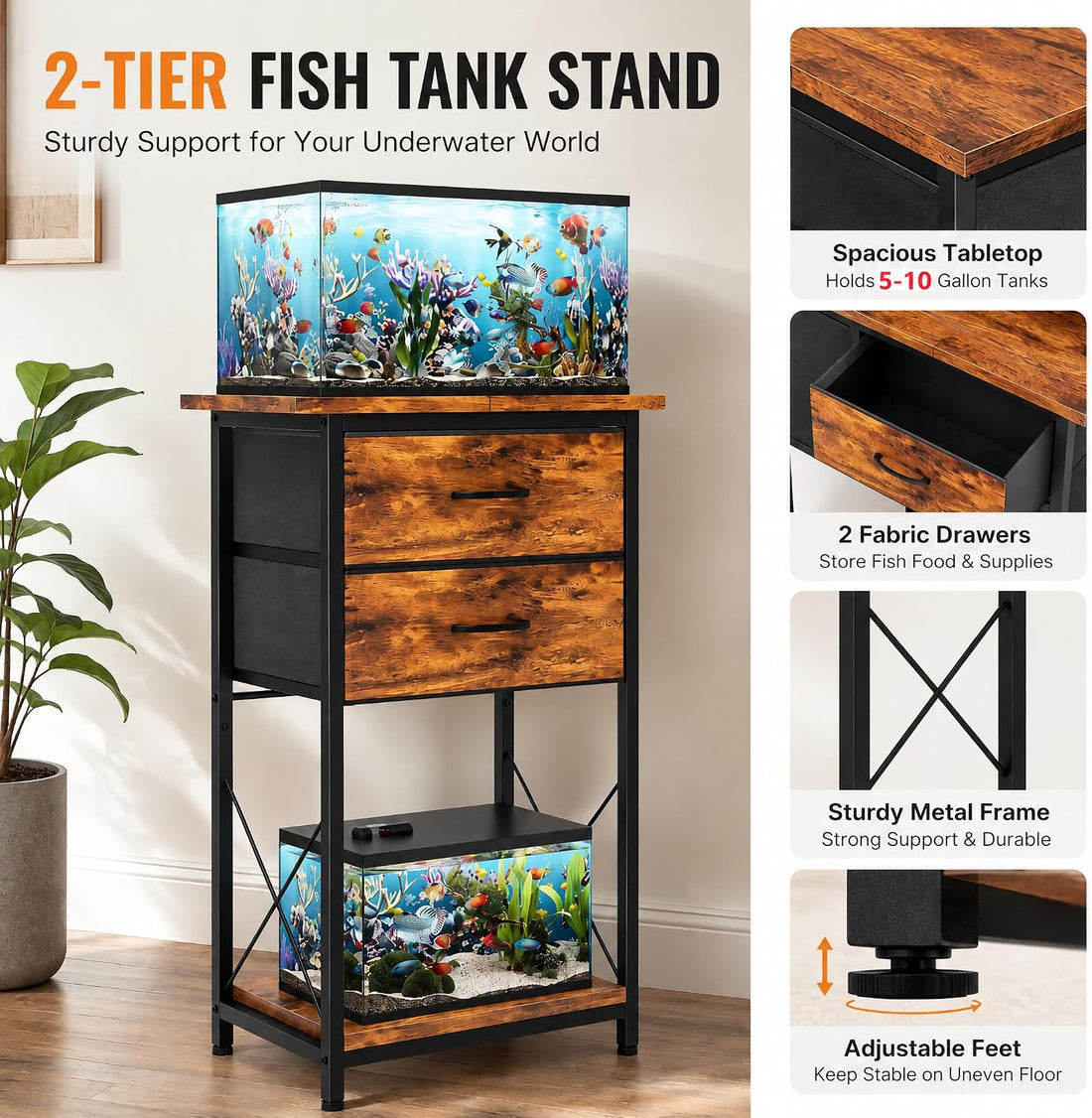 5-10 Gallon Fish Tank Stand with 2 Drawers and Storage Shelves