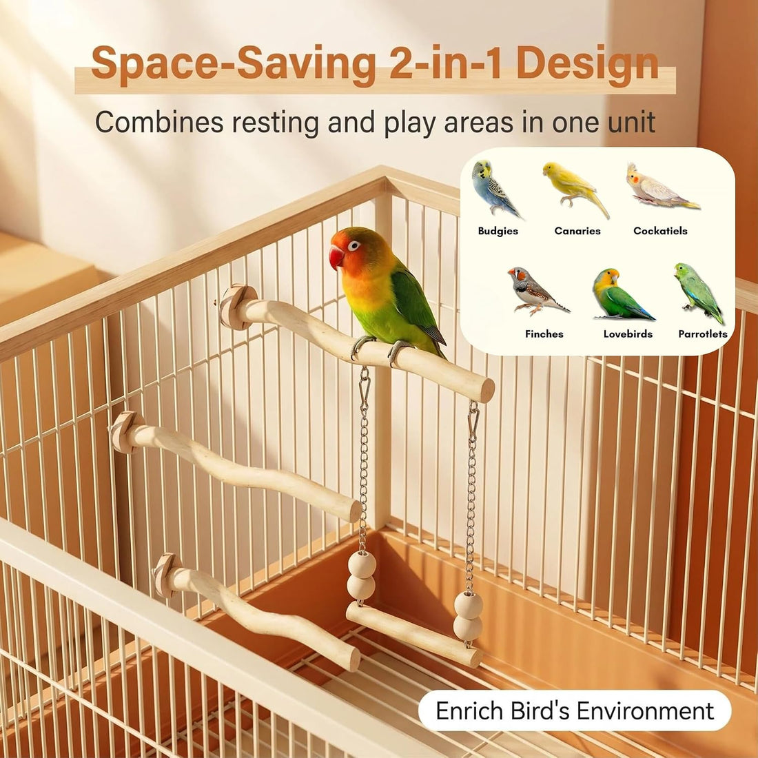 Bird Perch and Swing for Small Birds, Natural Wood Cage Accessories