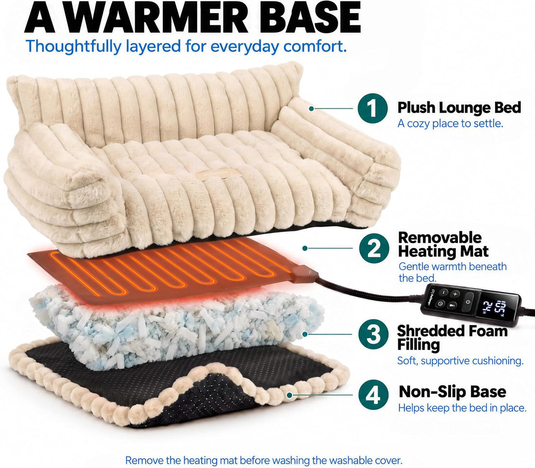 Indoor Heated Cat Sofa, Heated Dog Bed for Small Dogs,Plush Bolster