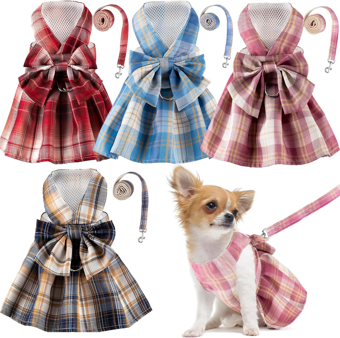 Potchen 4 Pcs Plaid Dog Dresses, XS, 11 in